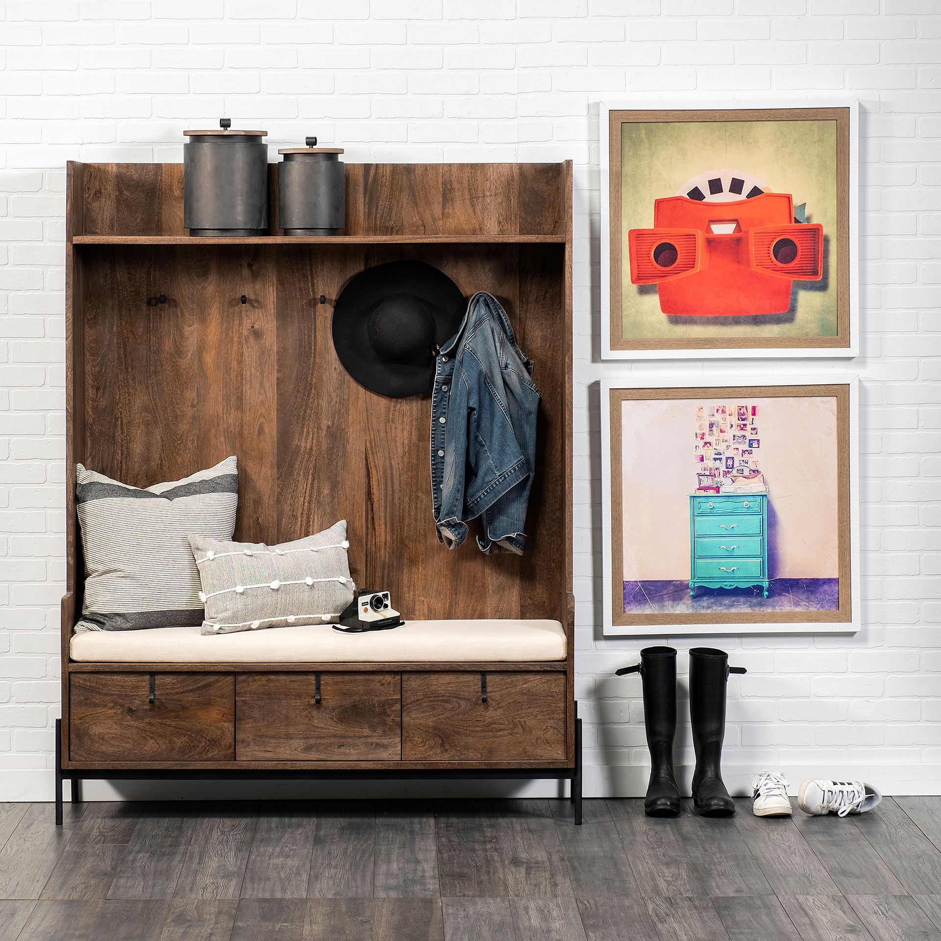 Glenn V 56L x 17W Dark Brown Wood with Cream Fabric Seat, 3 Drawers Hall Tree, Entry & Hallway by Mercana, 55.5" length x 16.5" width x 70" height View 2