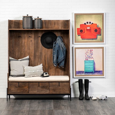 Glenn V 56L x 17W Dark Brown Wood with Cream Fabric Seat, 3 Drawers Hall Tree