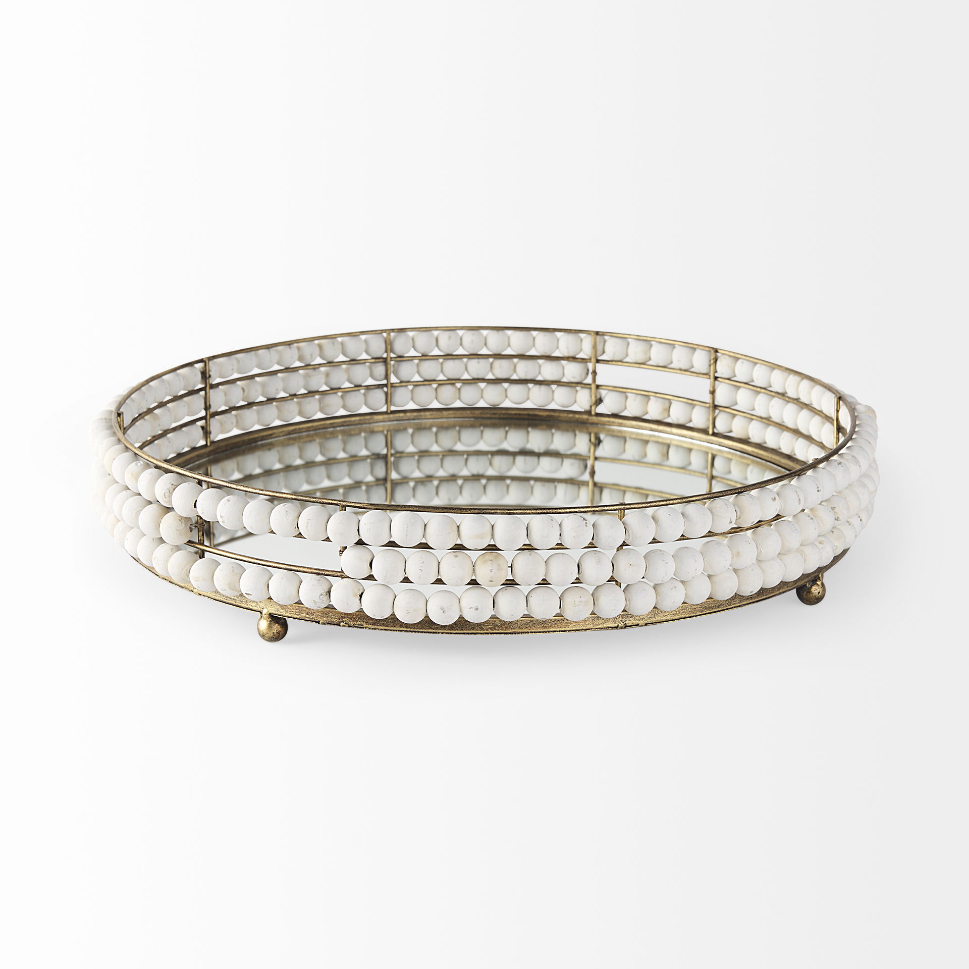 Decatur I 21L x 21W White Wooden Bead Mirrored Bottom Round Tray, Decorative Tray by Mercana, 21.26" length x 21.26" width x 3.94" height View 4