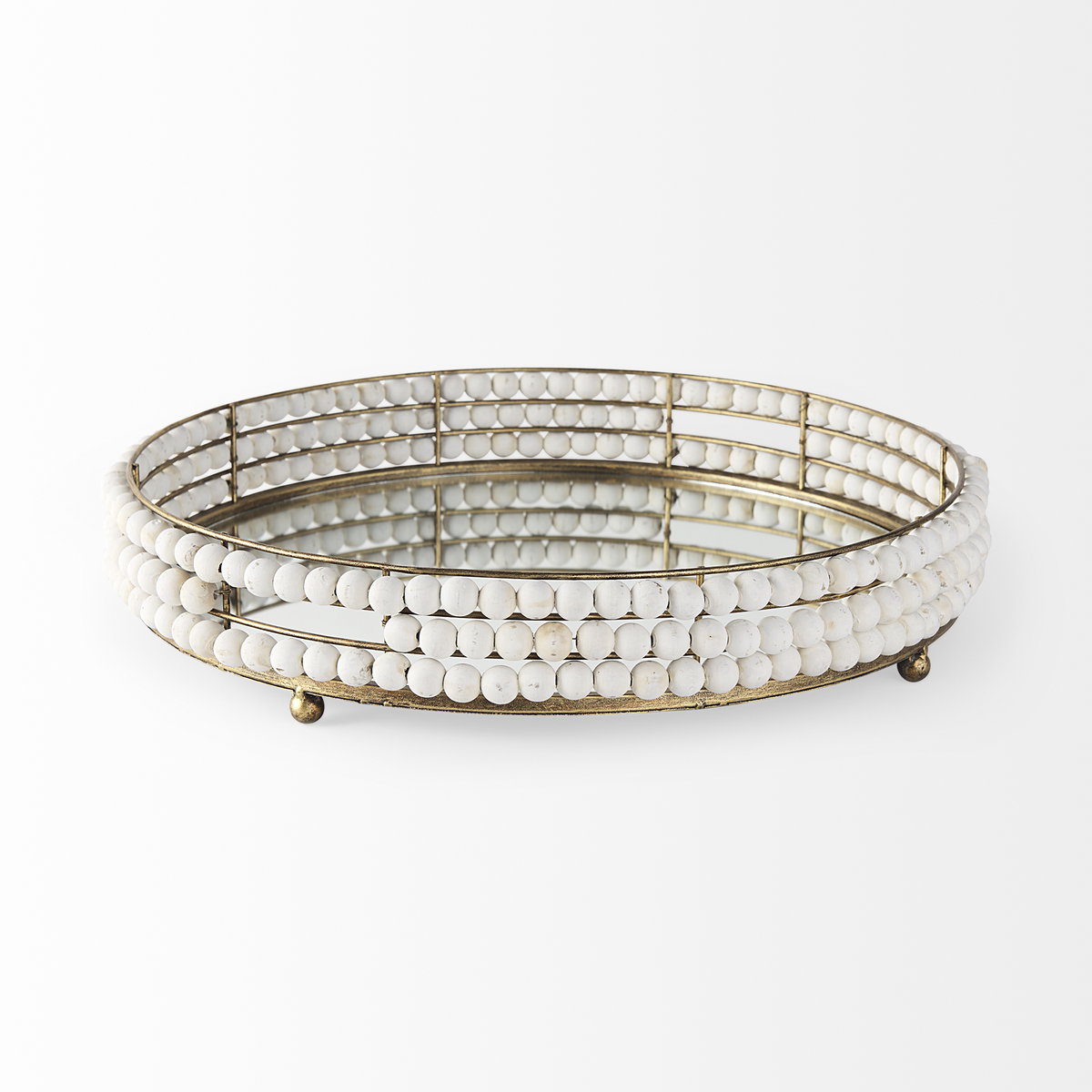 Decatur I 21L x 21W White Wooden Bead Mirrored Bottom Round Tray, Decorative Tray by Mercana, 21.26" length x 21.26" width x 3.94" height View 4