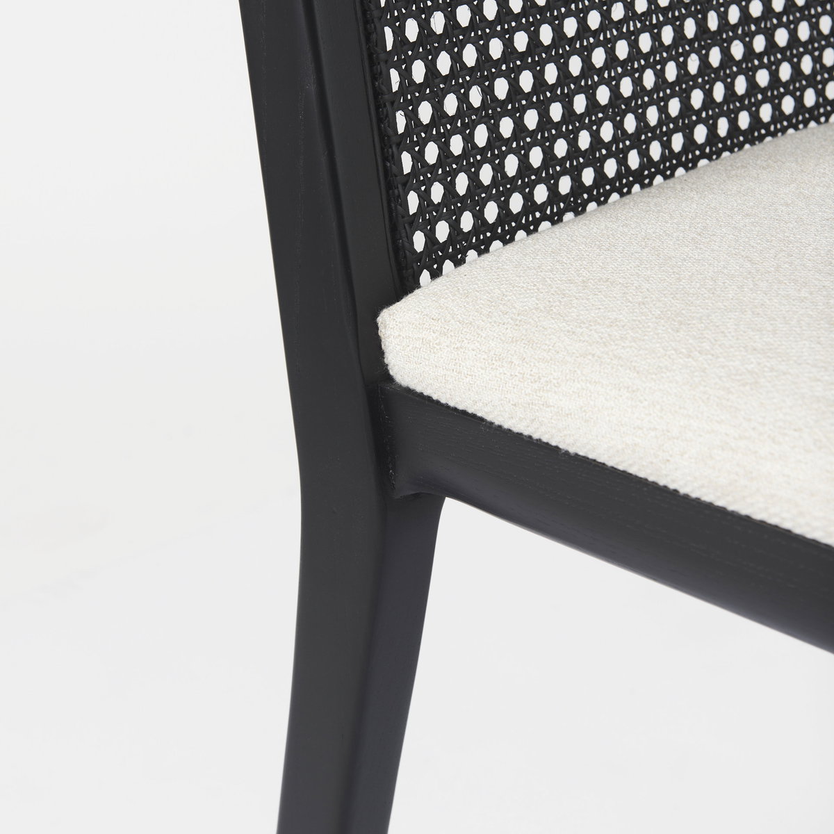 Clara Black Beech Wood with Cream Fabric Seat and Cane Back Armless Dining Chair, by Mercana, 18" length x 23" width x 33.75" height View 11