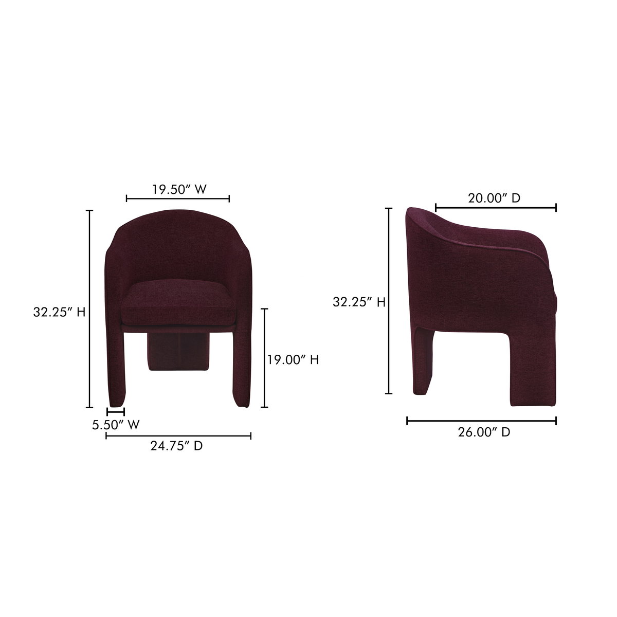 Clara Dining Chair Plum, by Moe's Home, 24.75" width x 32.25" height x 26" depth View 8