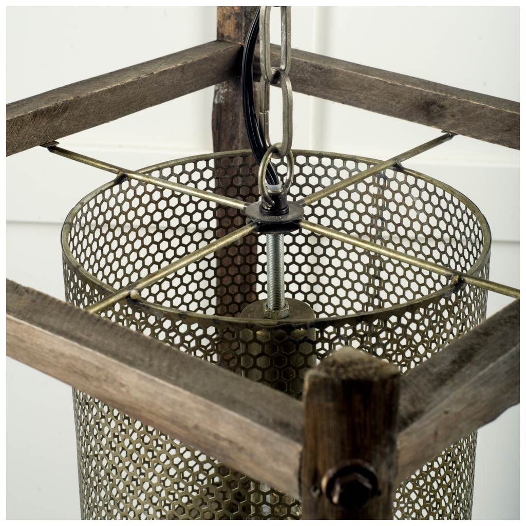 Keppler 16L x 16W x 18.3H Perforated Metal and Wood Pendant Light, by Mercana, 16" length x 16" width x 18.25" height View 2
