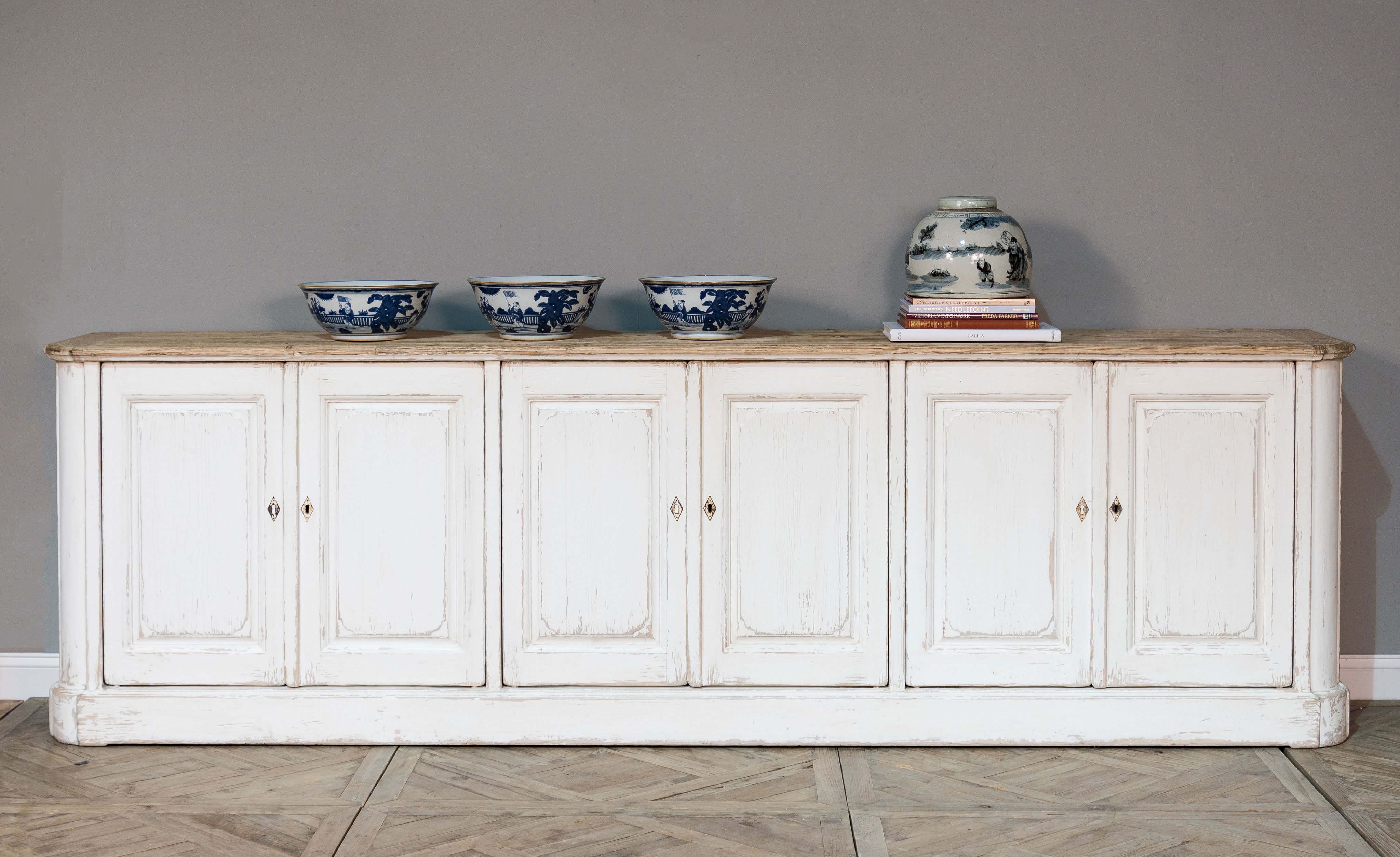 Antique Whitewash Sideboard, 6 Door, Cabinets & Sideboard by Sarreid, 119" length x 20" width x 36" height View 18