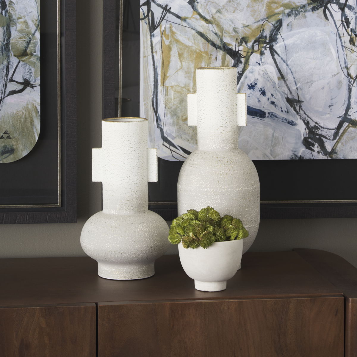 Torres Tall Textured Off White with Gold Metal Vase, by Mercana, 6.3" length x 6.3" width x 15.75" height View 2