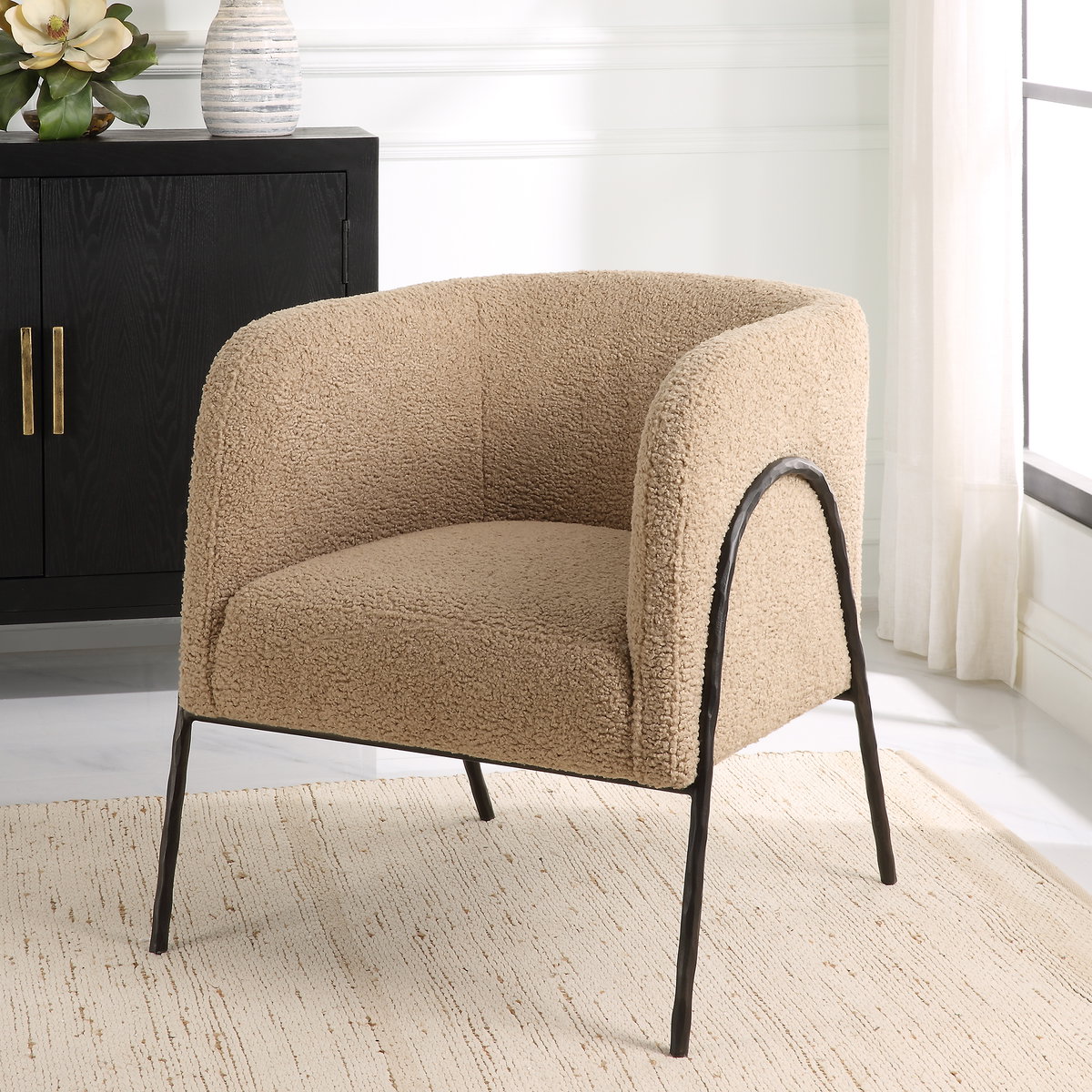 Jacobsen Tan Shearling Barrel Chair, Accent Chair by Uttermost, 28" width x 29" height x 27" depth View 2