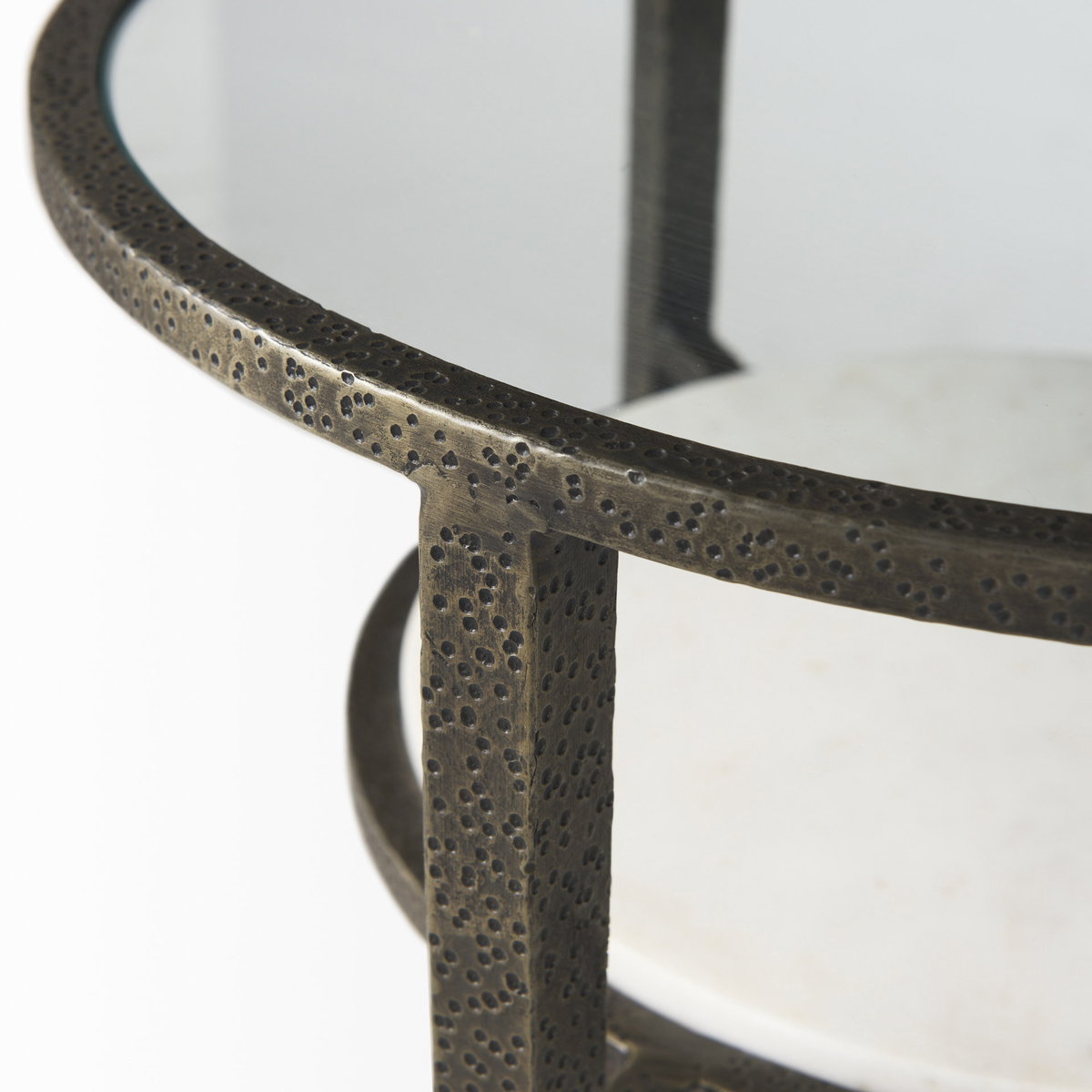 Felicity 15.8L X 15.8W X 22.5H Glass Top with White Marble Shelf and Antique Gold Base End/Side Table, Side & End Table by Mercana, 15.75" length x 15.75" width x 22.5" height View 9