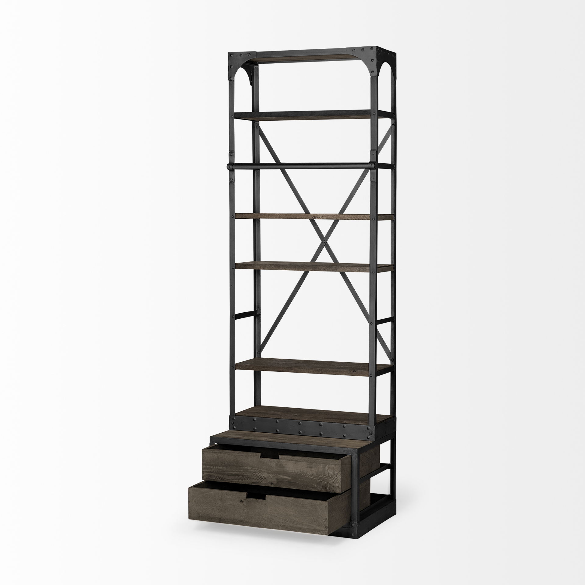 Brodie VII 32L x 22W x 94H Brown Wood Gun-Metal Bracing Four Shelf Shelving Unit large image 
