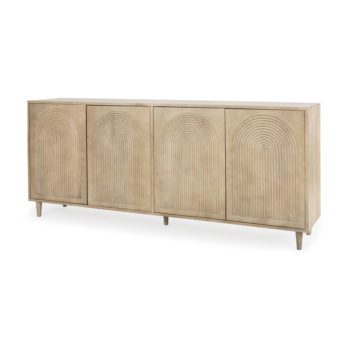 Tucker Light Brown Wood with Carved Arch Pattern 4 Door Sideboard, Sideboards & Buffet by Mercana, 71.75" length x 15" width x 30.25" height View 1
