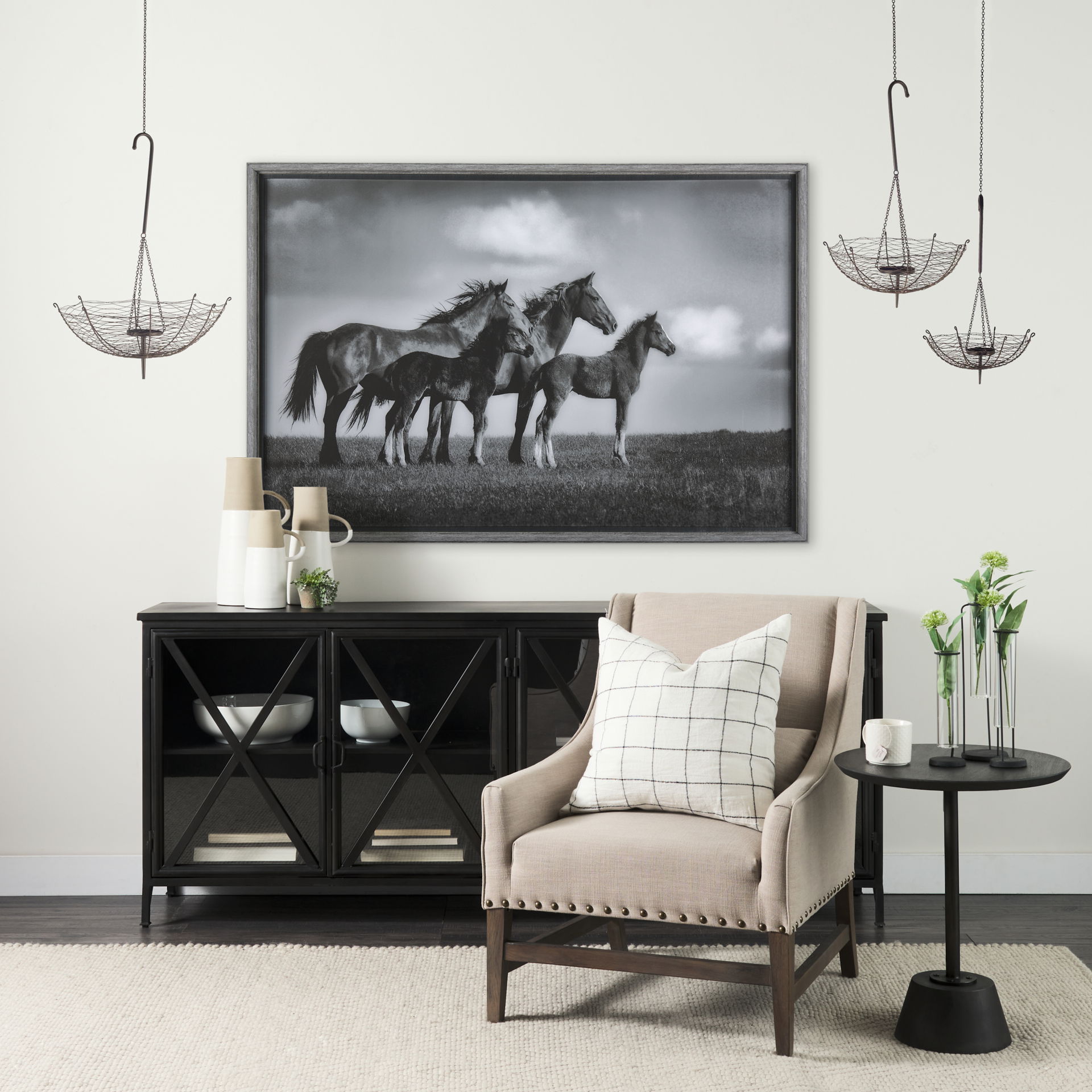 Rihanna I Small Black Metal Umbrella Candle Holder Lantern, Lighting by Mercana, 31" length x 12.99" width x 31.1" height View 2