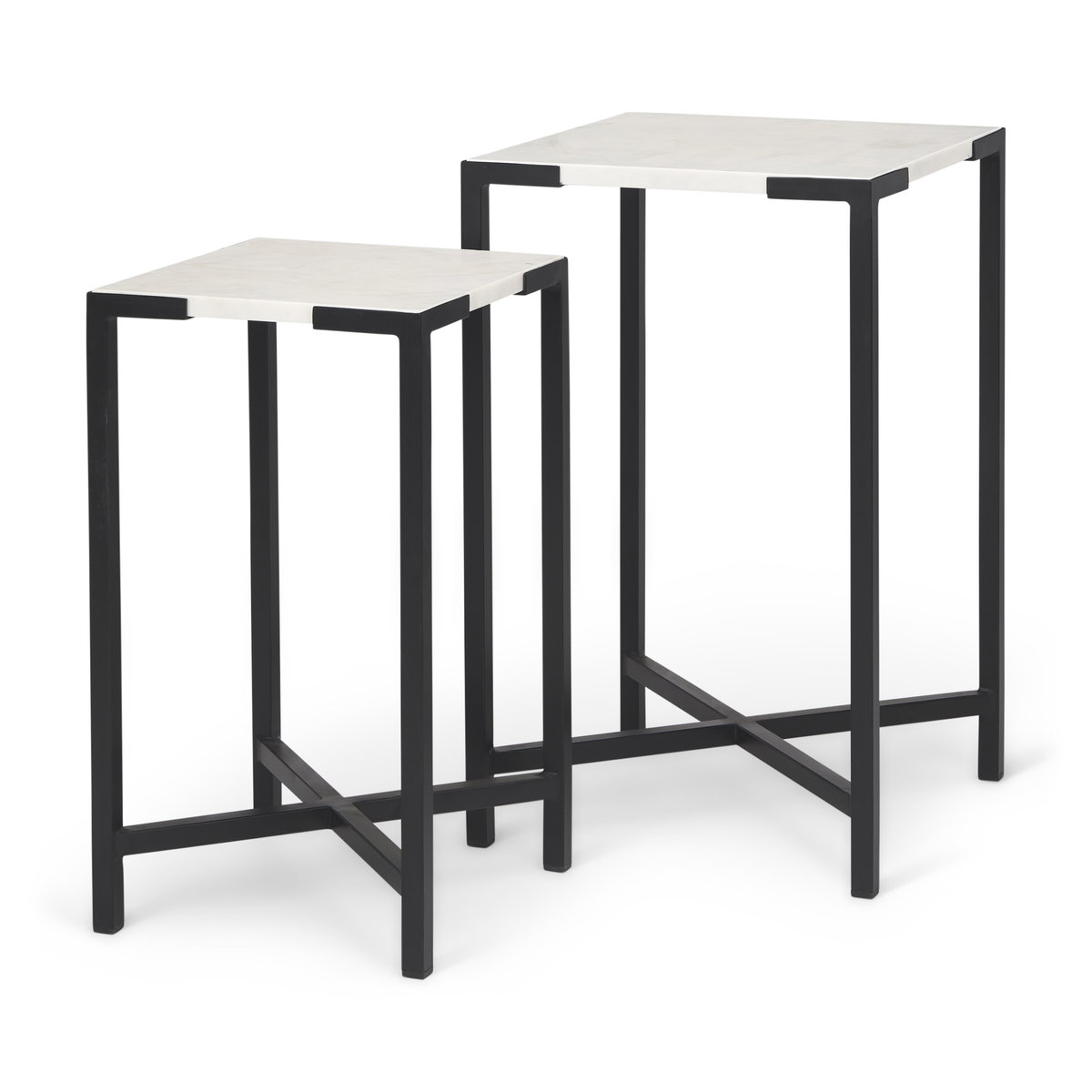 Lucas III (Set of 2) 15L x 15W; 12L x 12W White Marble with Black Iron Frame Accent Tables, Side & End Table by Mercana, 15" length x 15" width x 24" height View 1