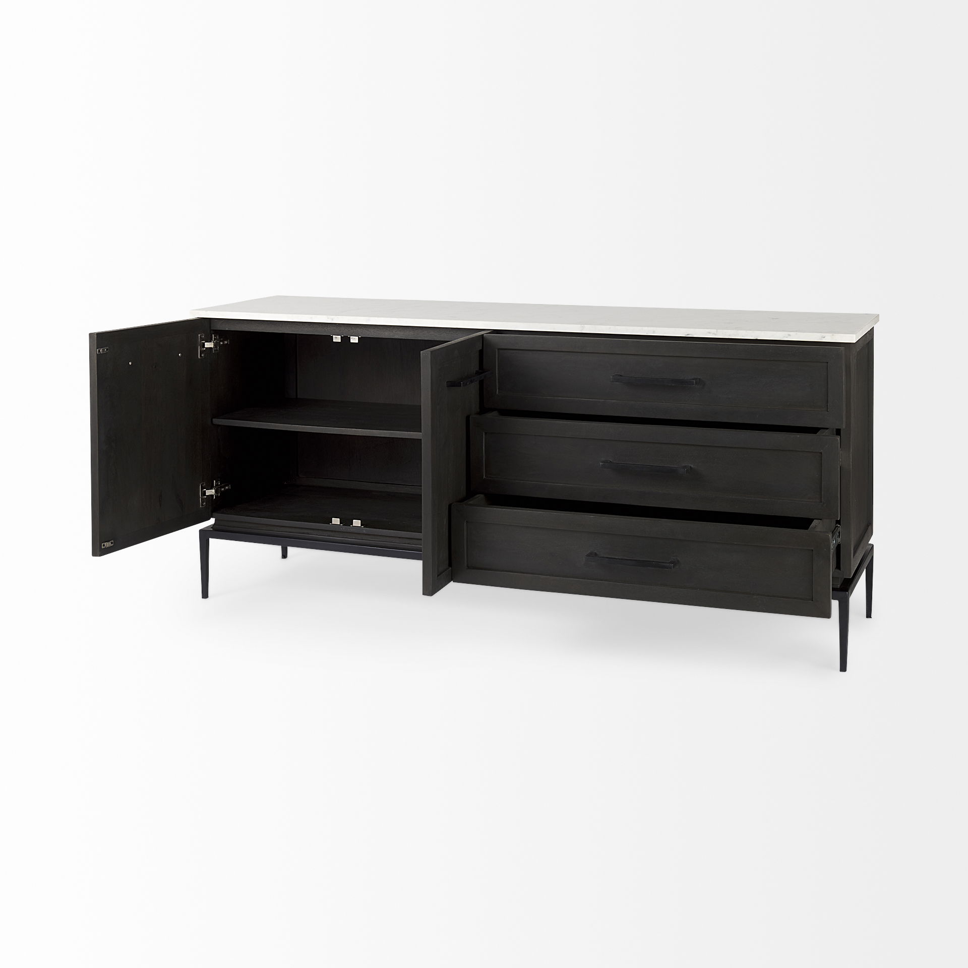Divina Black-Brown Wood with White Marble Top and Black Metal Base Sideboard, Sideboards & Buffet by Mercana, 71" length x 18.5" width x 32" height View 10