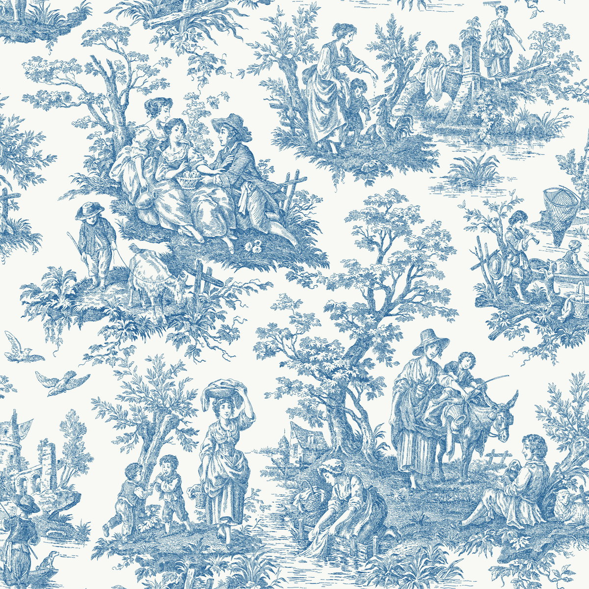Country Life Toile Blue Peel & Stick Wallpaper, by York Wall, 16'6" length x 1'8.5" width x 0.02" depth