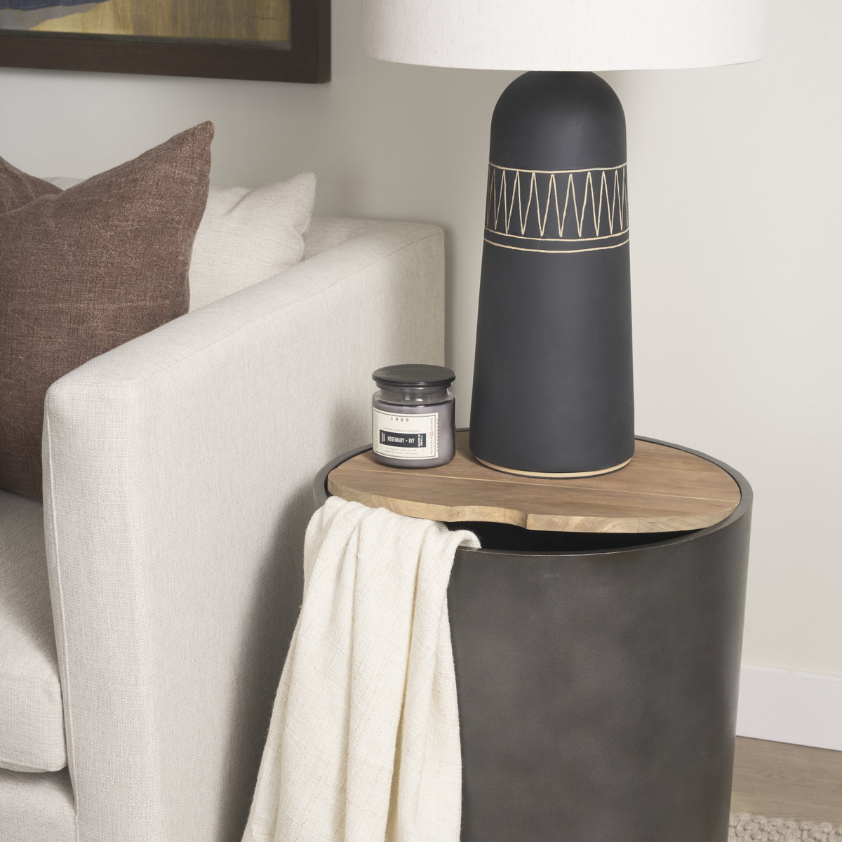 Eclipse Gunmetal Gray Drum Base with Brown Wood Top End/Side Table, Side & End Table by Mercana, 20" length x 20" width x 22.05" height View 3