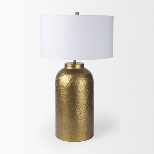 Leo 18.0L x 18.0W x 31.0H Gold Hammered with White Fabric Shade Table Lamp