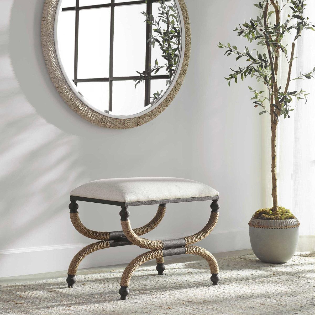 Icaria Upholstered Small Bench, Benche by Uttermost, 23.5" width x 19.5" height x 15.75" depth View 2