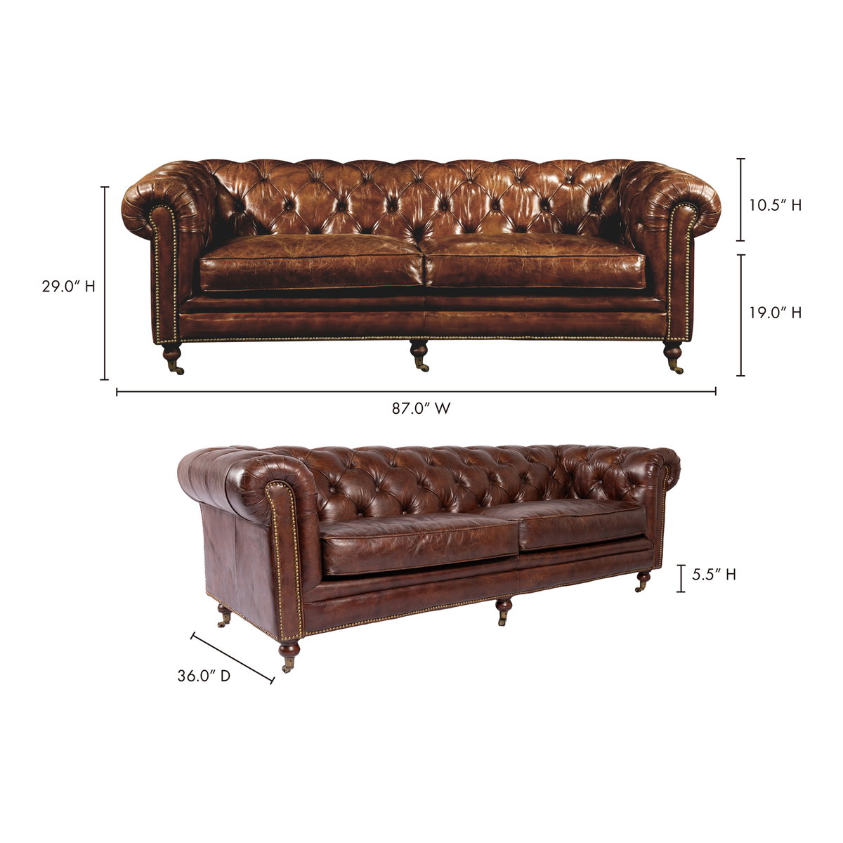 Birmingham Sofa Dark Brown Leather, Sofas & Sectional by Moe's Home, 87" width x 29" height x 36" depth View 8