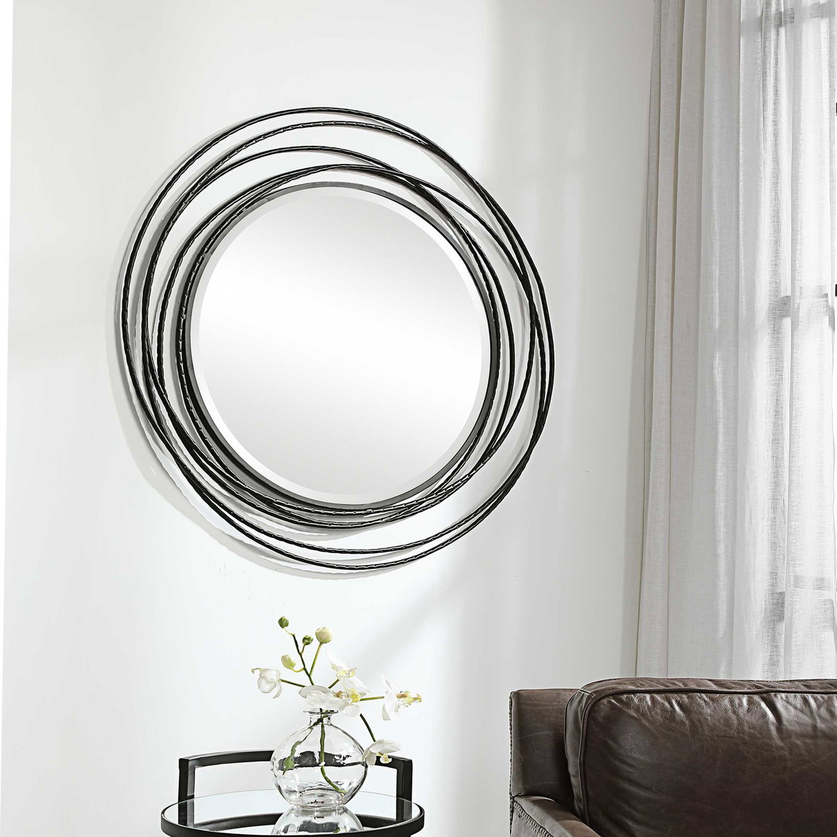Whirlwind Black Round Mirror, by Uttermost, 39.37" width x 39.37" height x 1.15" depth View 4