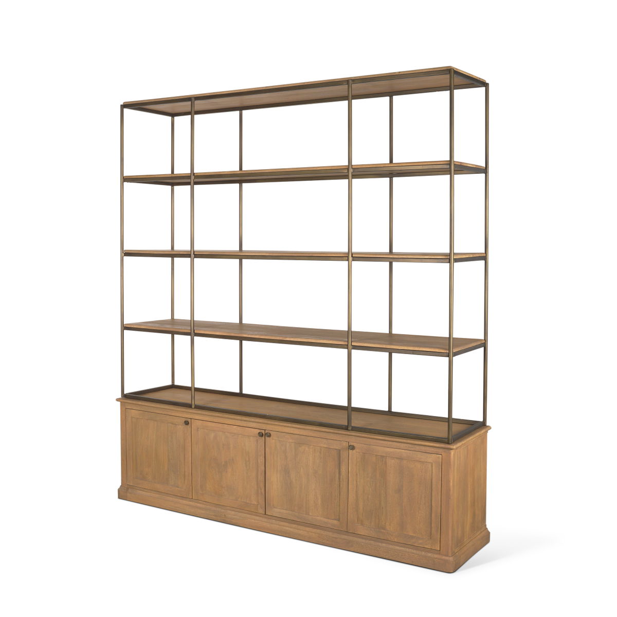 Baron 4-Door Light Brown Wood with Gunmetal Open Shelving Unit, Shelving & Bookcase by Mercana, 81.75" length x 19" width x 90" height View 1