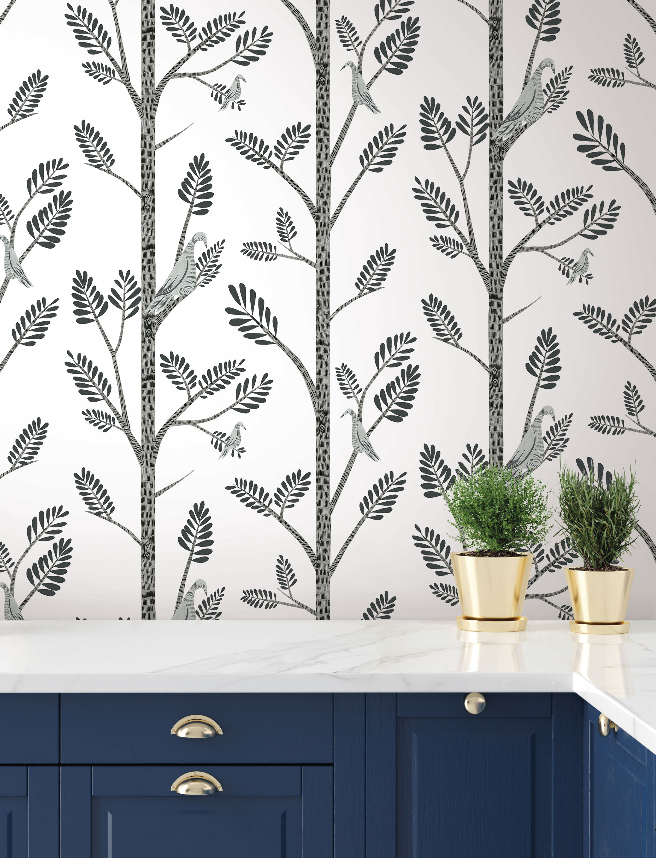 Aviary Branch Grey Peel & Stick Wallpaper large image 
