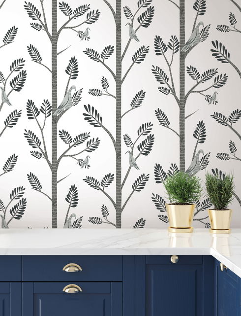 Aviary Branch Grey Peel & Stick Wallpaper