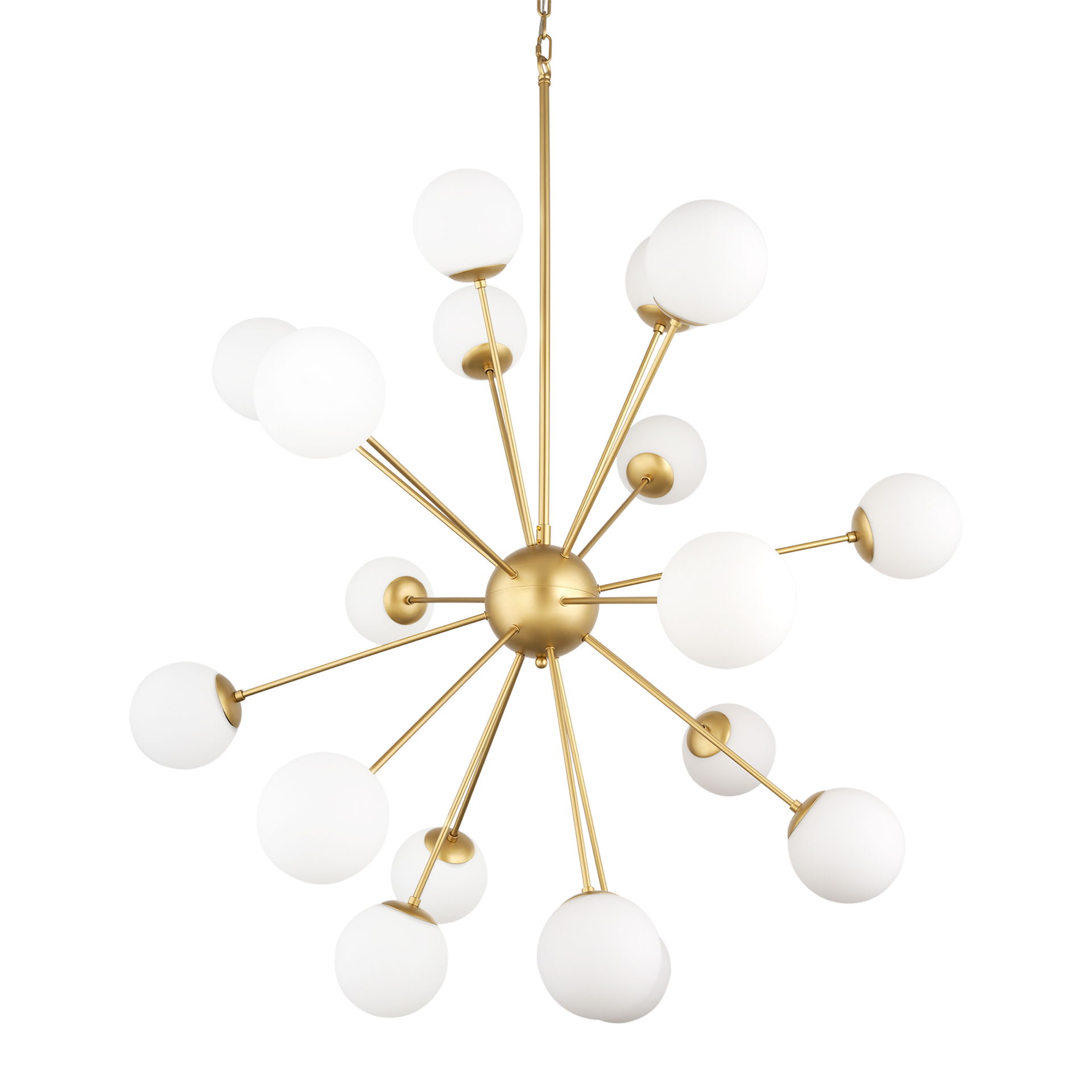 Barbara Brushed Gold Metal with Frosted Glass Globes  18-Light Chandelier, by Mercana, 48.82" length x 48.82" width x 48.82" height View 1