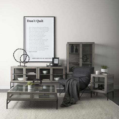 Arelius 42" Square Glass-Top Gray Wood with Black Metal Base Display Coffee Table