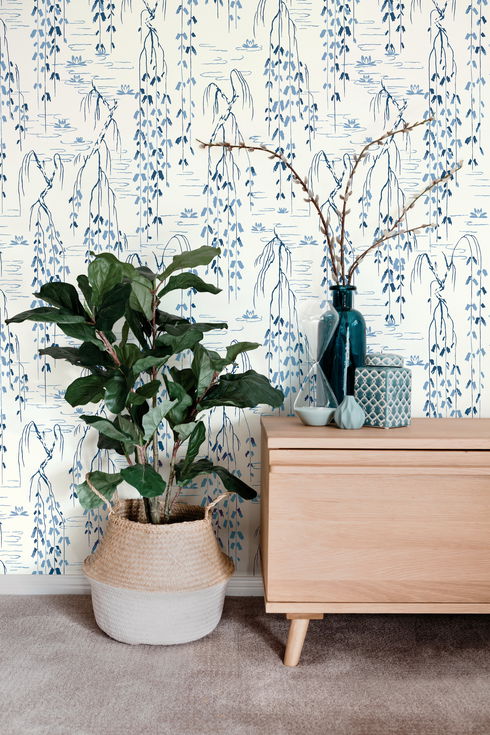 Willow Branches White & Blue Wallpaper