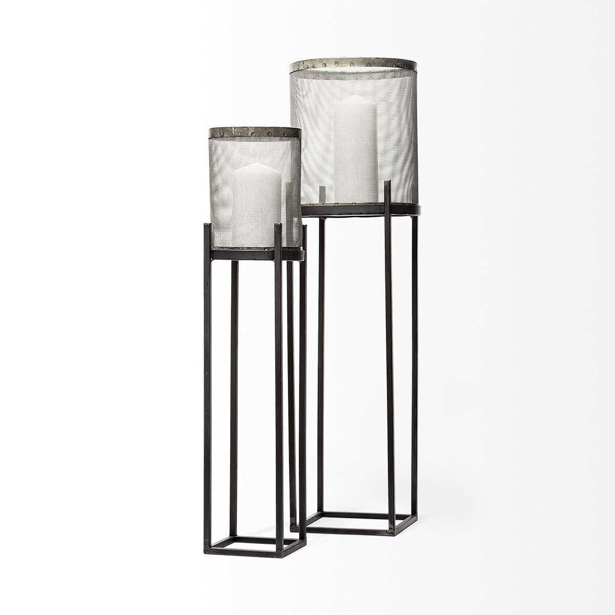 Steen Set of Two Black Meshed Metal Candle Holder Lanterns, Lighting by Mercana, 10" length x 10" width x 31" height View 4