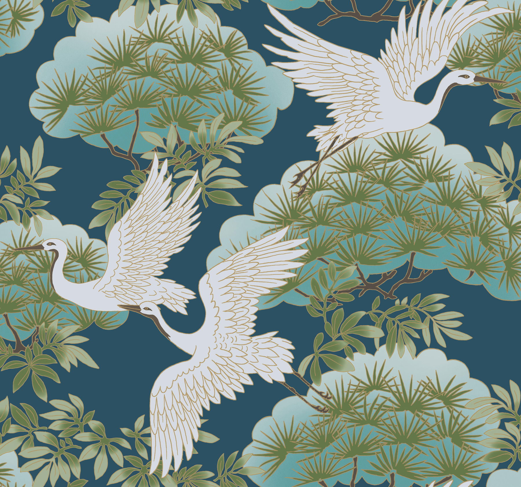 Sprig & Heron Blue Wallpaper large image 