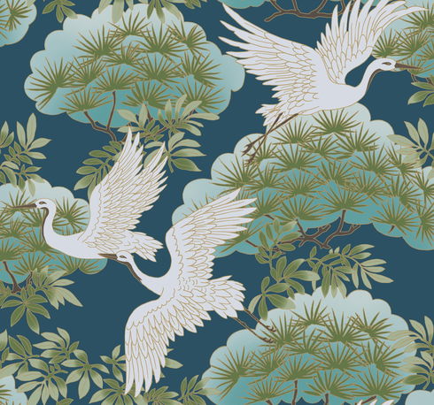 Sprig & Heron Blue Wallpaper