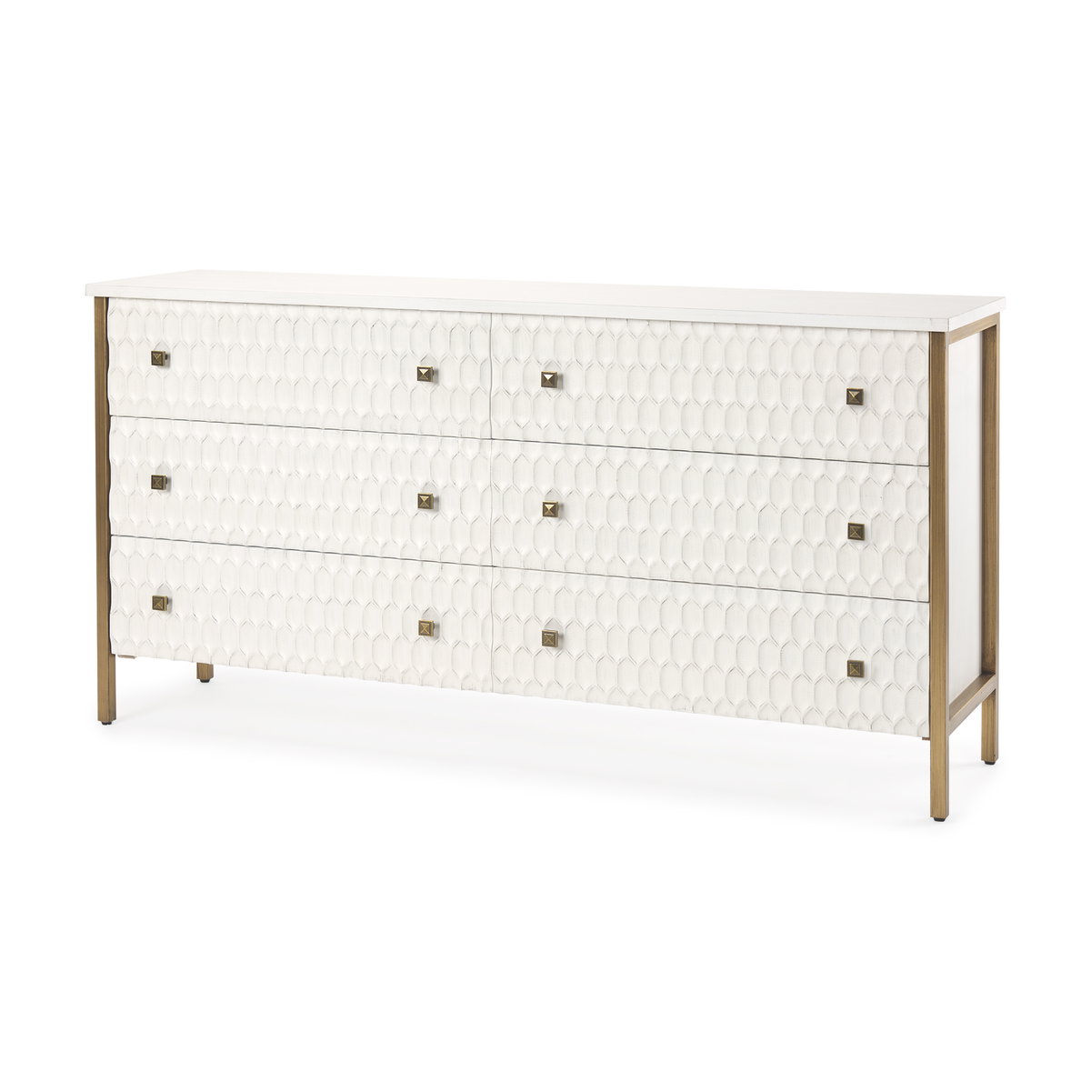Savannah White Fir Veneer with Gold Metal Accents 6-Drawer Sideboard, Sideboards & Buffet by Mercana, 62.6" length x 15.75" width x 31.5" height View 1
