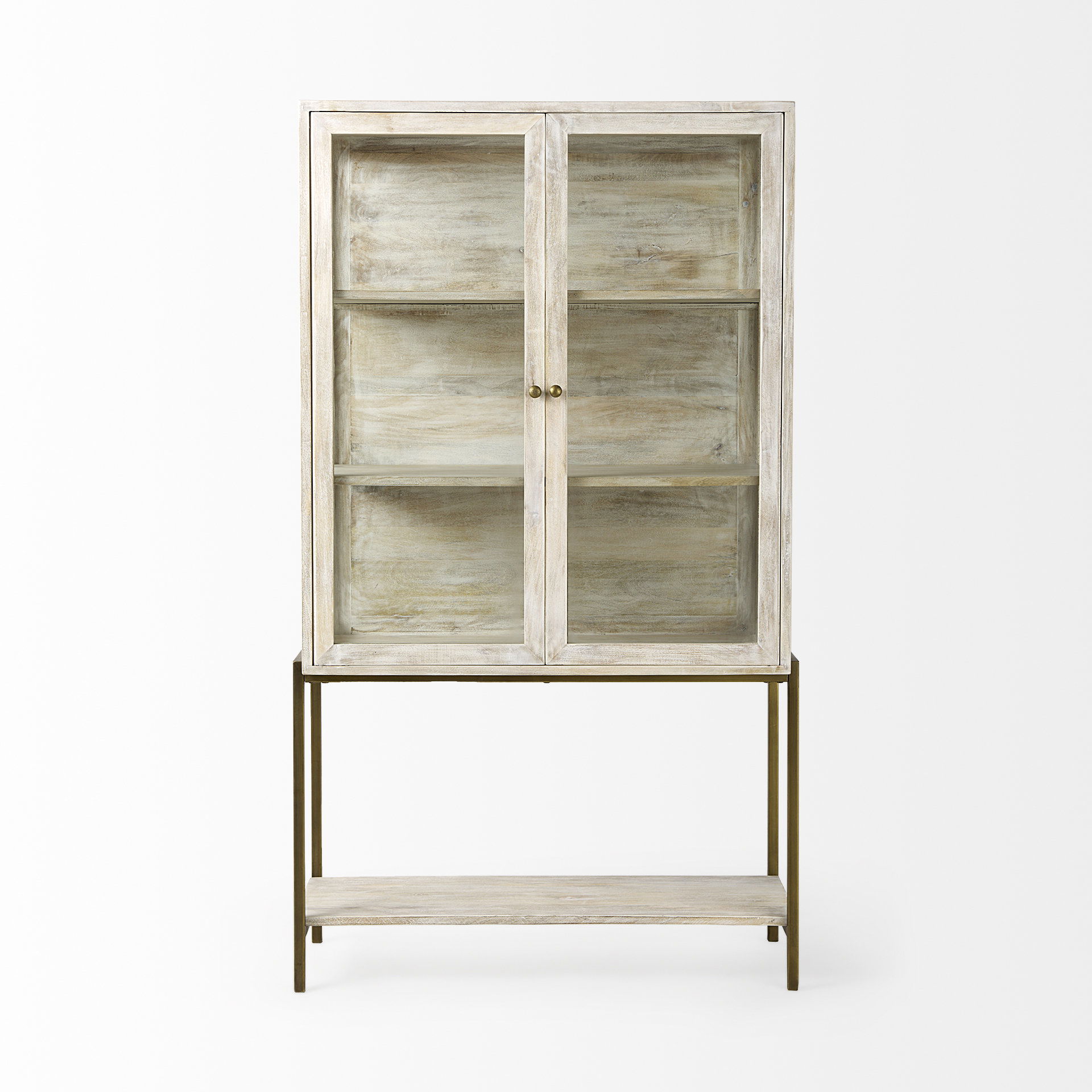 Arelius 36L x 18.75W x 63H White Wood with Gold Metal Base Display Cabinet large image 