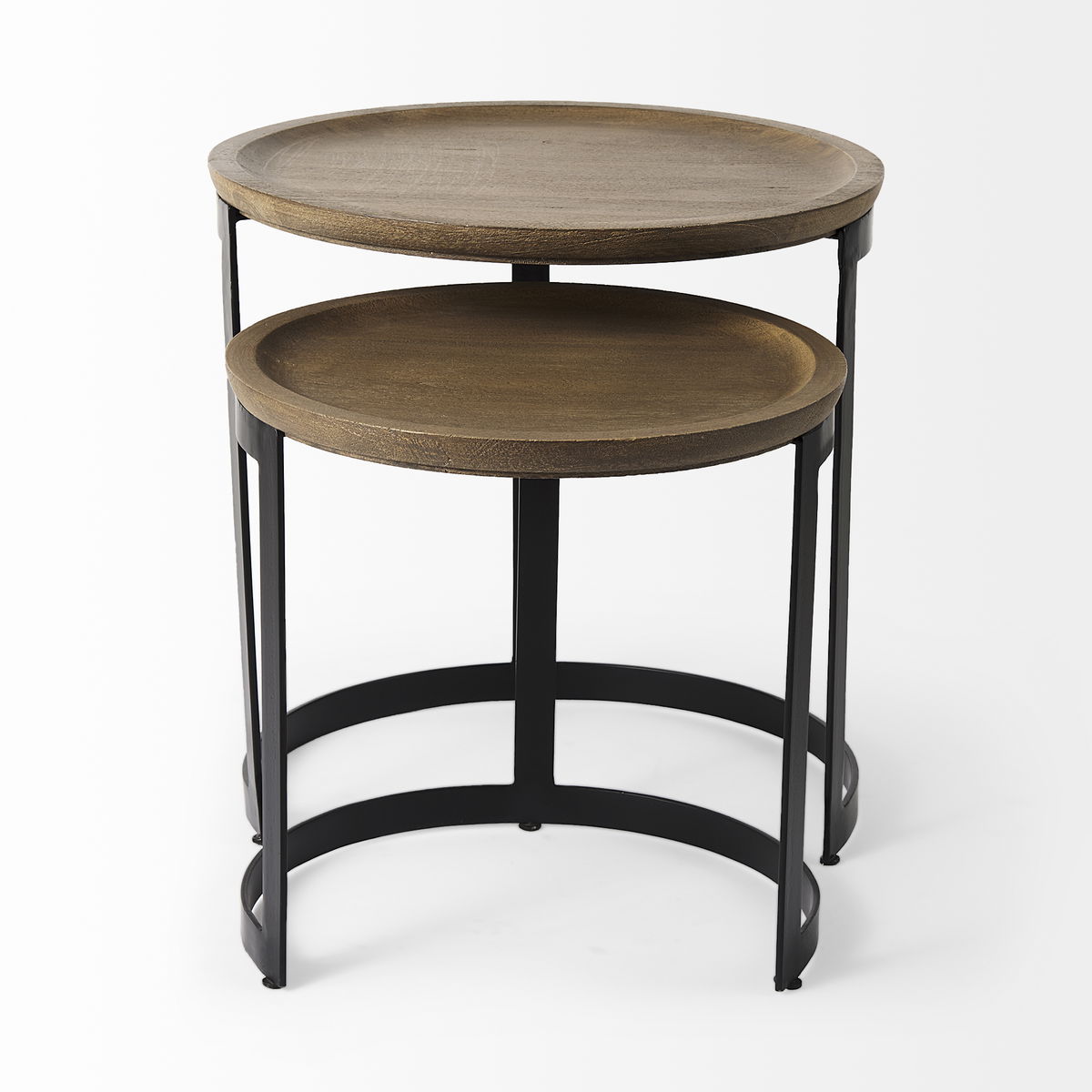 Aisley (Set of 2) 19.3L x 19.3W x 19H Light Brown Wood with Black Metal Base Round Nesting Side Tables, Side & End Table by Mercana, 19" length x 19" width x 19.25" height View 2