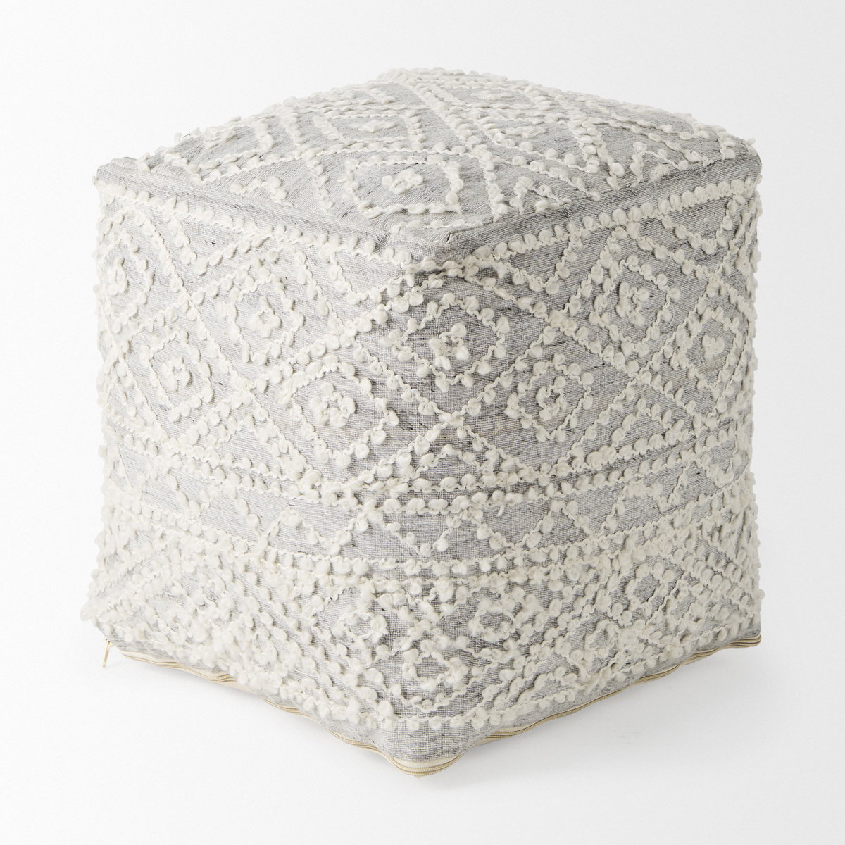 Farida 6.0L x 16.0W x 16.0H Light Gray Wool and Polyester Patterned Pouf, Ottoman by Mercana, 16" length x 16" width x 16" height View 5