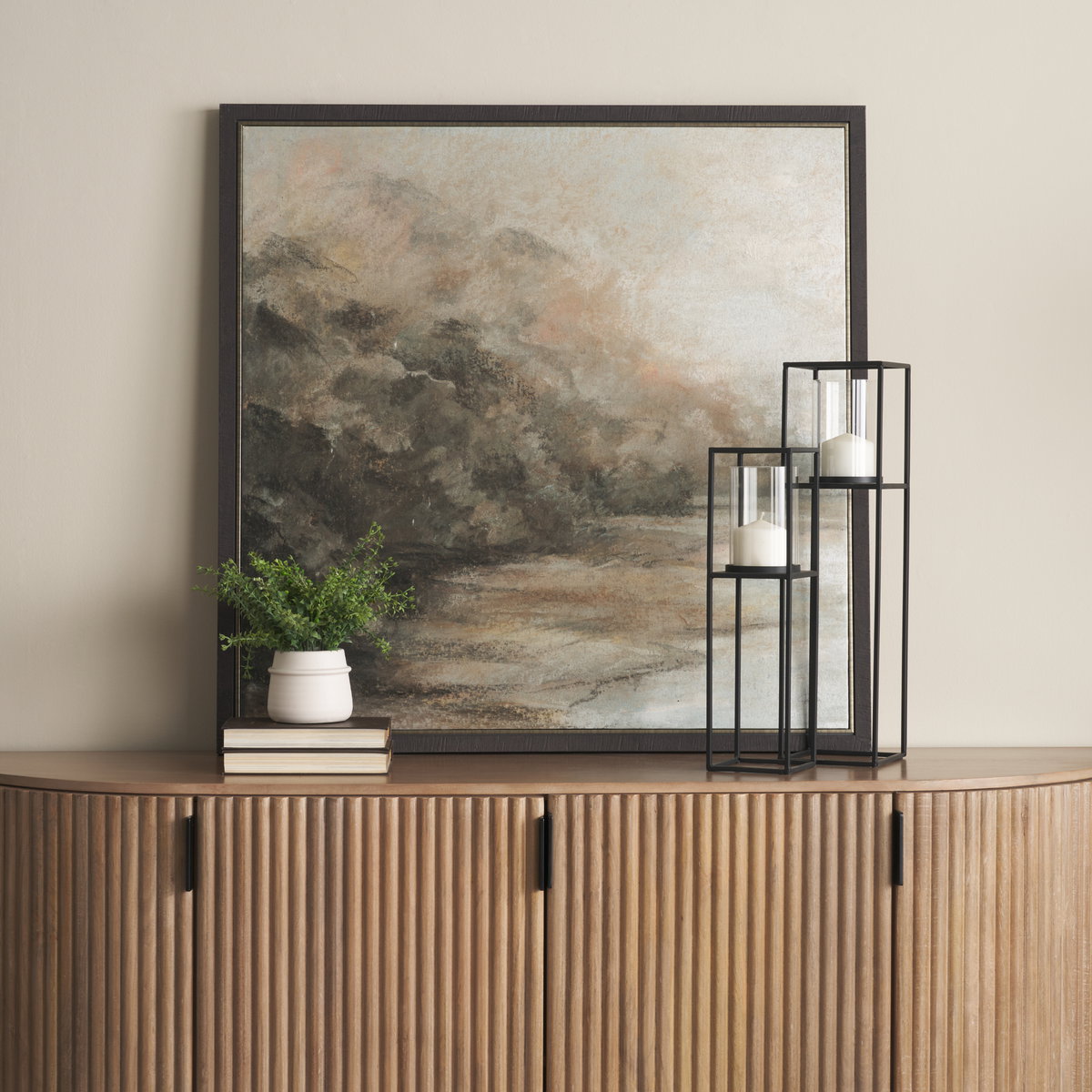 Cindy Set of 2 Matte Black Metal and Hurricane Glass Pillar Tabletop Candle Holders, Candles & Candle Holder by Mercana, 5.91" length x 5.91" width x 23.03" height View 2