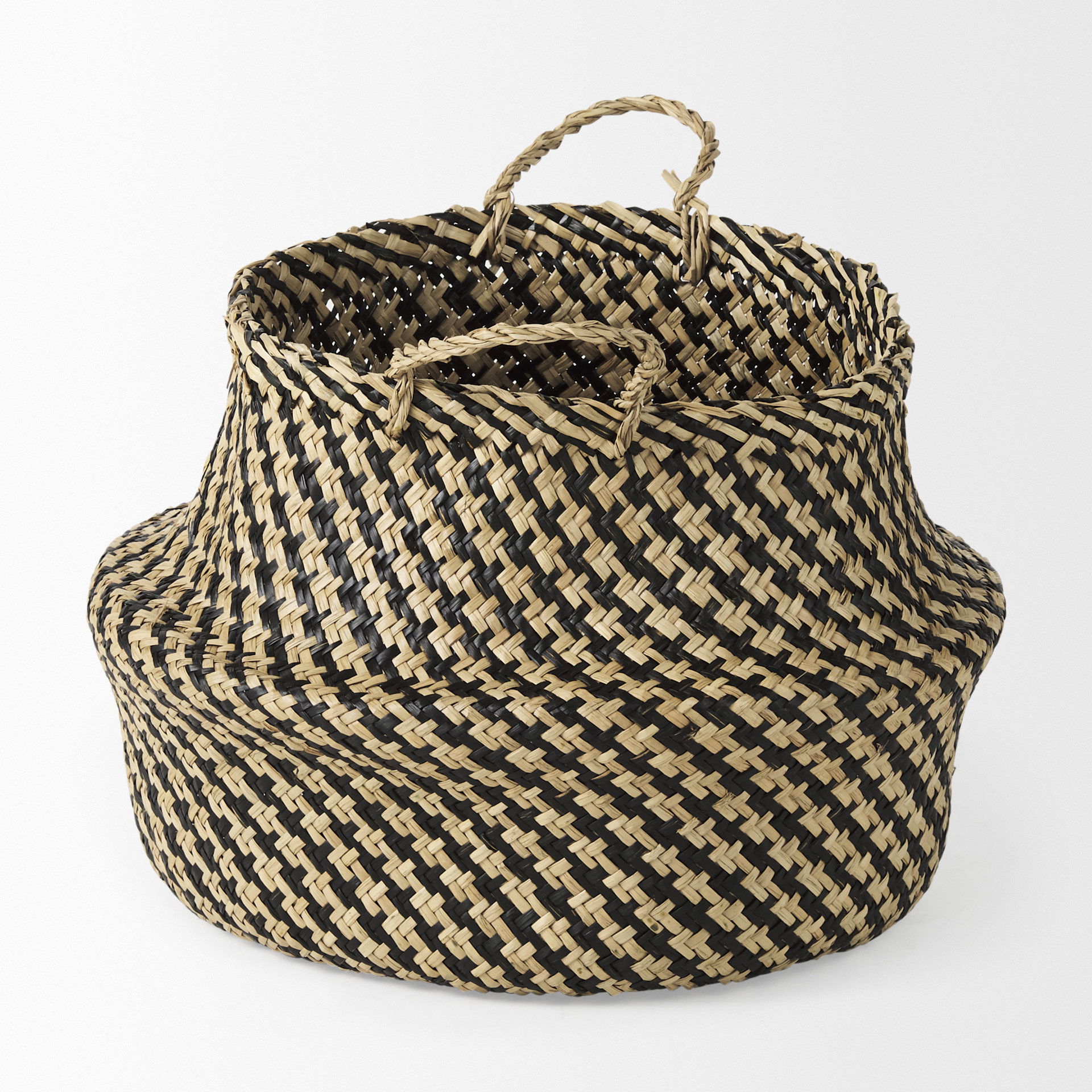 Gaia   Set of 3 Light and Dark Brown Cross Patterend Belly Seagrass Basket, Bins & Basket by Mercana, 17.72" length x 17.72" width x 20.47" height View 3