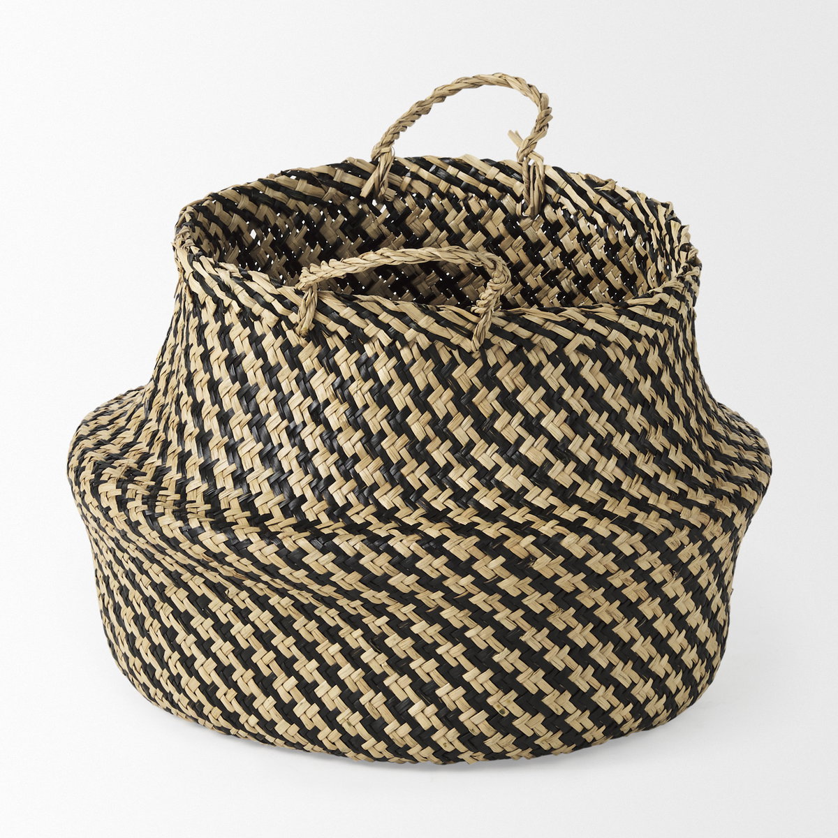 Gaia (Set of 3) Light and Dark Brown Cross Patterend Belly Seagrass Basket, Bins & Basket by Mercana, 17.72" length x 17.72" width x 20.47" height View 3