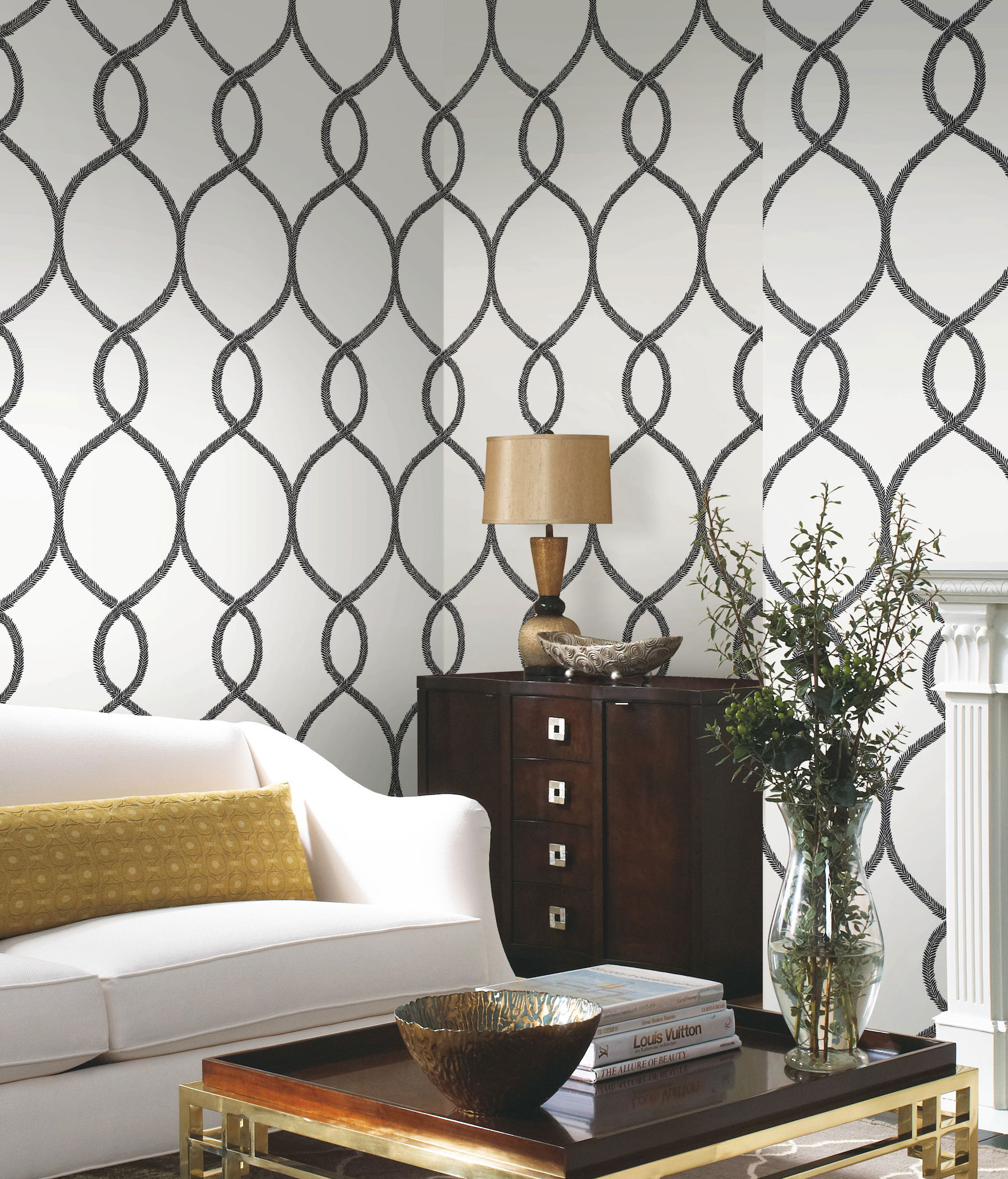 Laurel Leaf Ogee Black Wallpaper large image 
