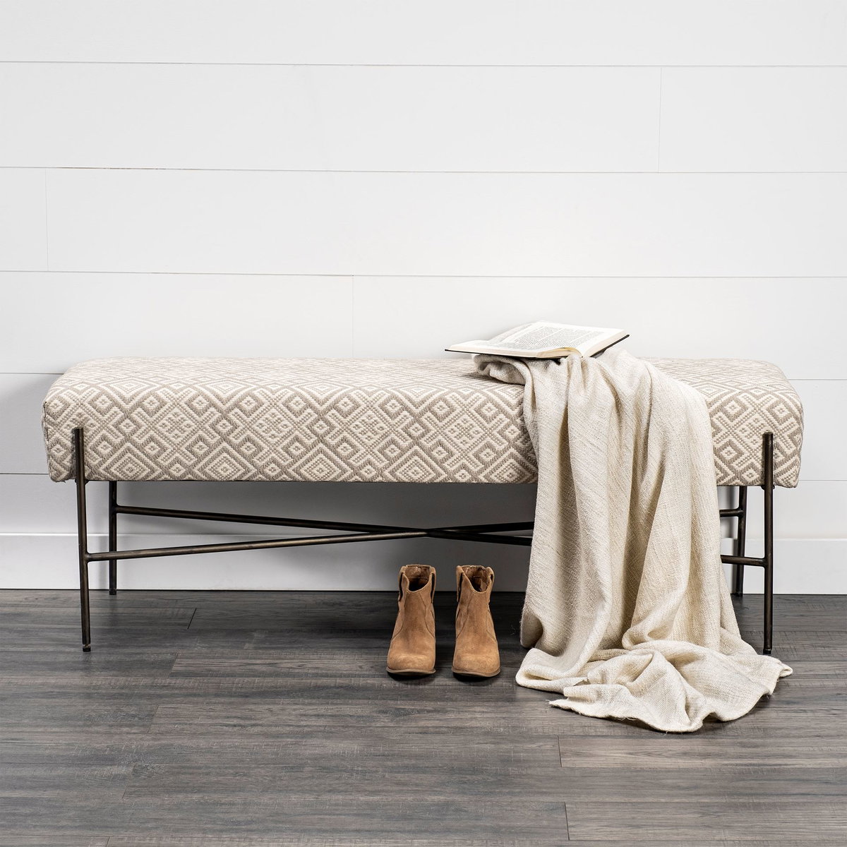Avery II 55L x 17W Off White Upholstered Seat With Metal Base Accent Bench, Benche by Mercana, 55" length x 17" width x 18" height View 3