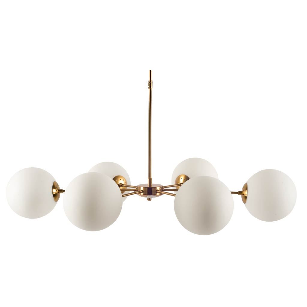 Lahey (28.3'Lx 44'Wx21'H) Gold Multi-Arm with Frosted Glass Globe Six Bulb Chandelier, by Mercana, 28.25" length x 44" width x 21" height View 1