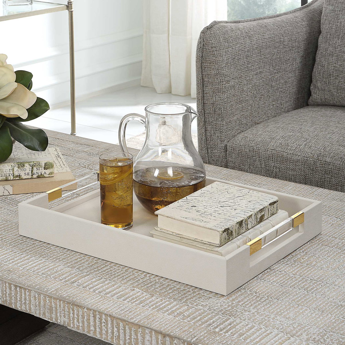 Wessex White Shagreen Tray, Decorative Tray by Uttermost, 19" width x 2.62" height x 13.87" depth View 3