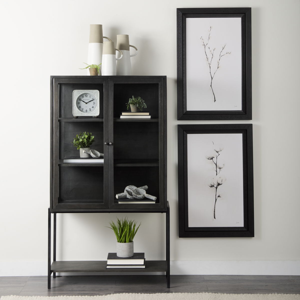 Arelius 36L x 18.75W x 63H Black-Brown Wood with Black Metal Base Display Cabinet, Cabinets & Sideboard by Mercana, 36" length x 18.75" width x 63" height View 4