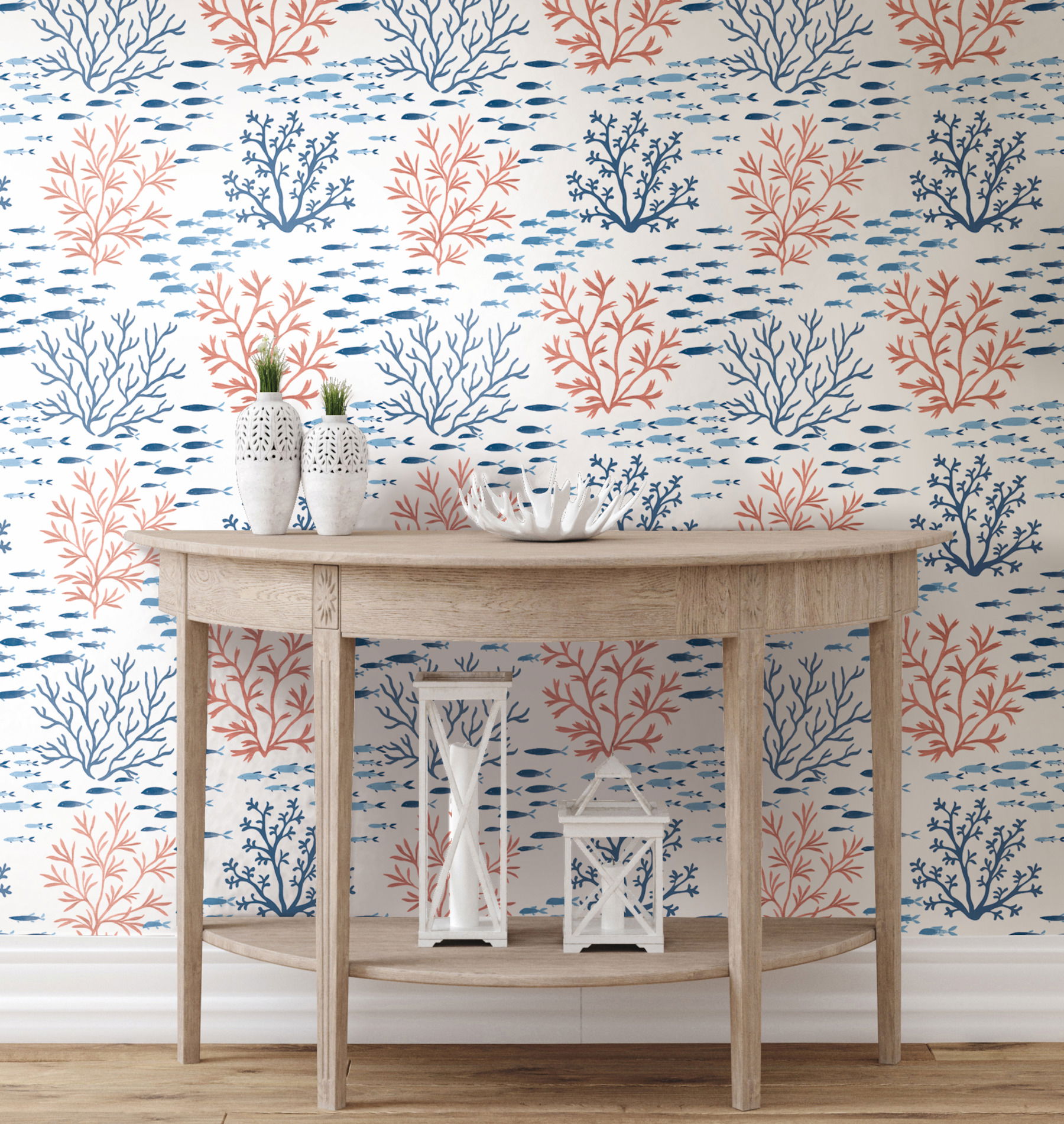 Marine Garden Coral & Navy Wallpaper large image 