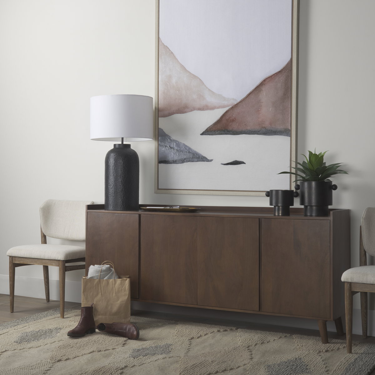 Leo 18.0L x 18.0W x 31.0H Black Hammered with White Fabric Shade Table Lamp, by Mercana, 21" length x 21" width x 29.5" height View 4