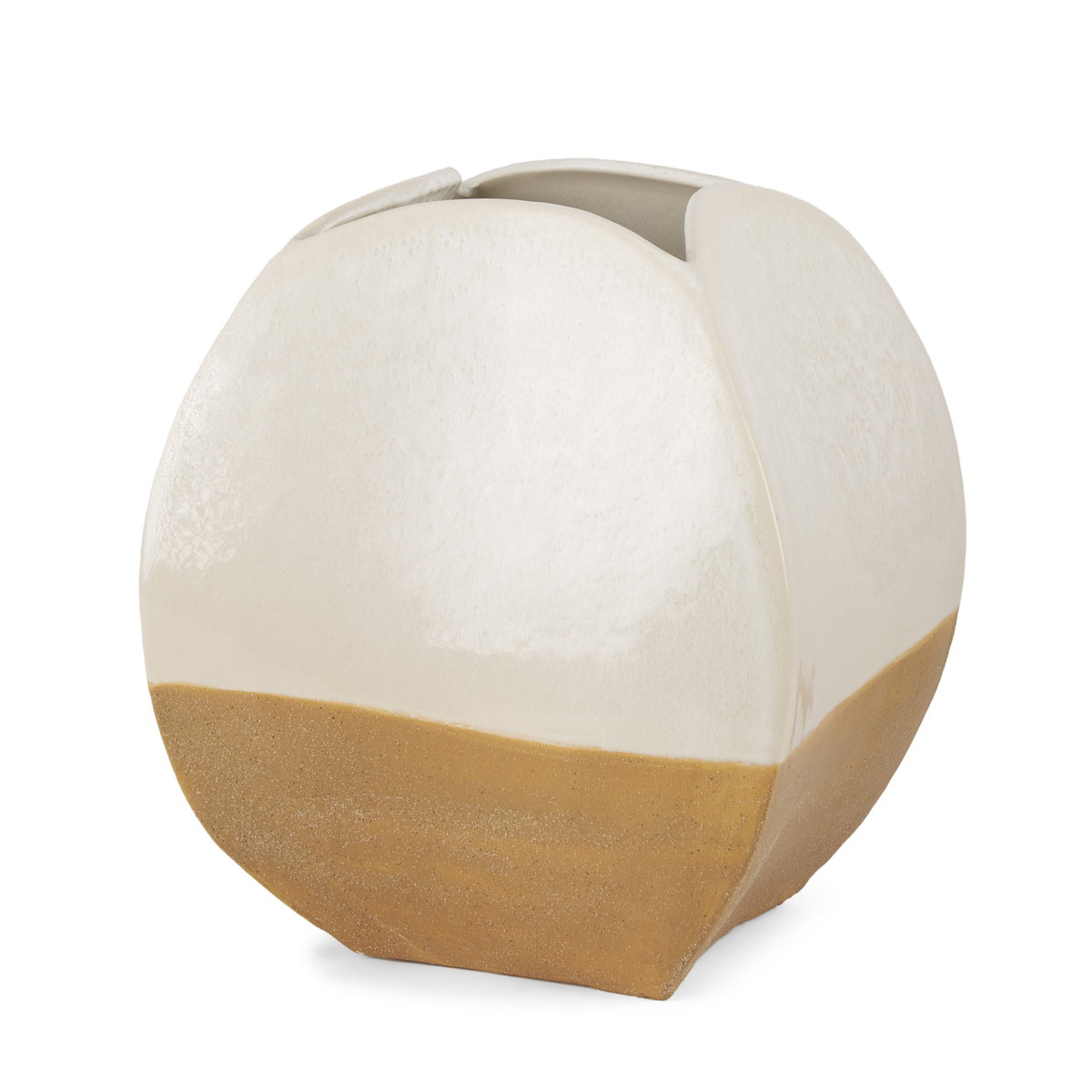 Vania Short Off White with Tan Textured Ceramic Vase, by Mercana, 9.06" length x 8.86" width x 10.43" height View 1