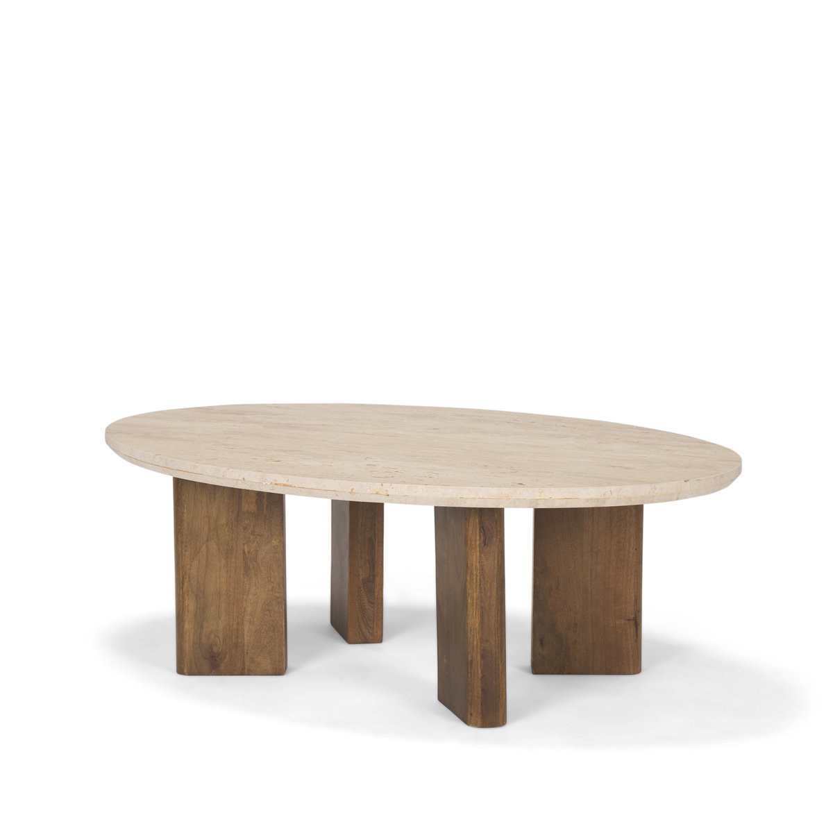 Syona Travertine + Mango Wood leg Oval Coffee table, by Mercana, 44" length x 30" width x 16" height View 1