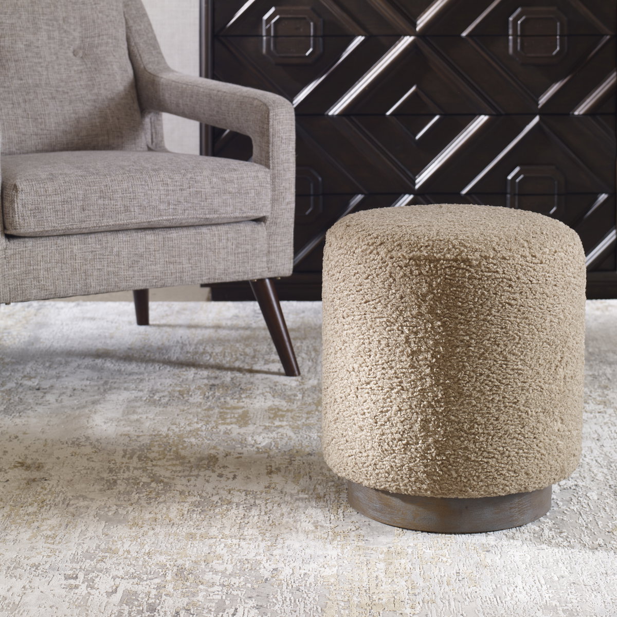 Avila Latte Round Ottoman, by Uttermost, 16" width x 18" height x 16" depth View 2
