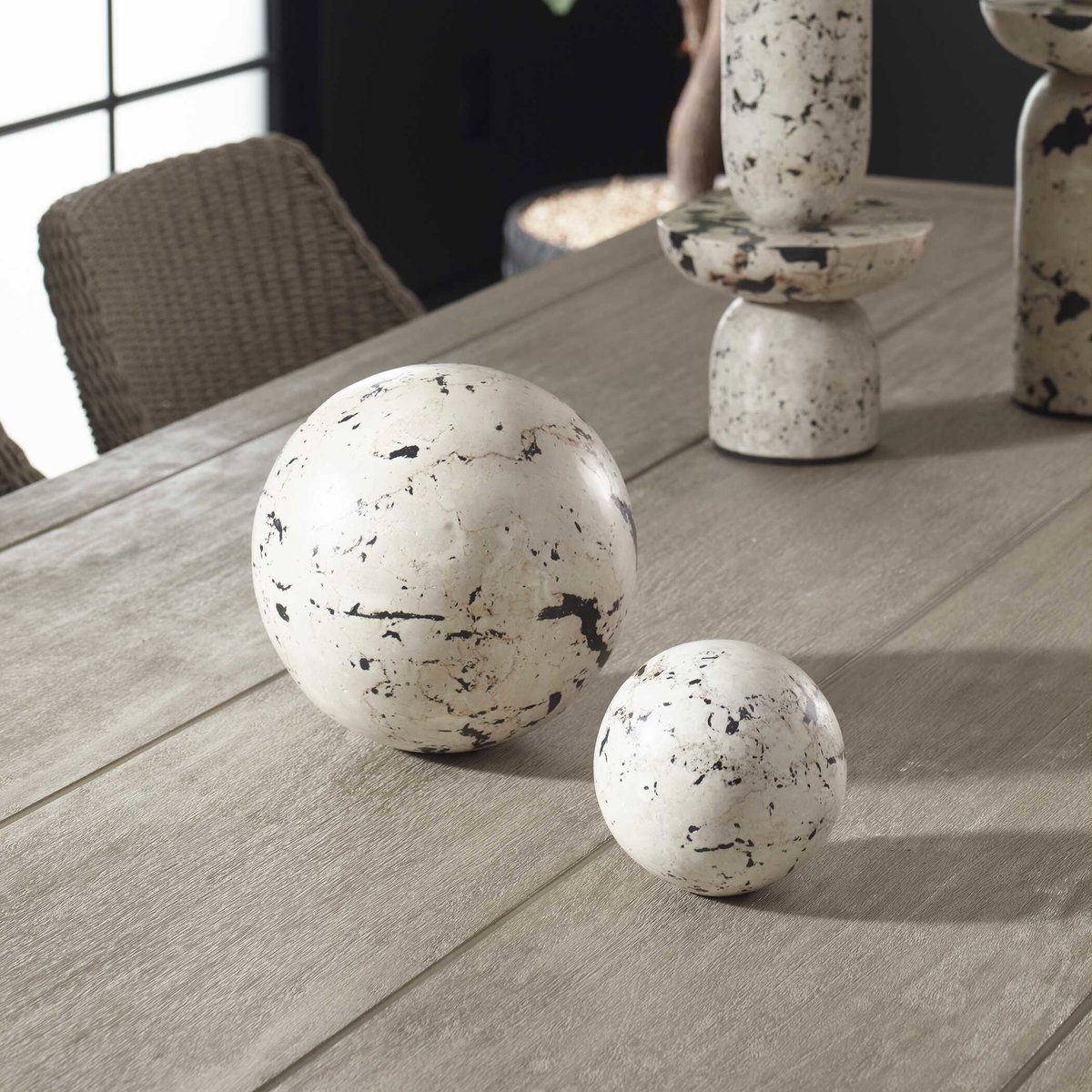 Nouveau Indoor-Outdoor Spheres Set/2, Decorative by Uttermost, 7.8" width x 7.5" height x 7.8" depth View 2
