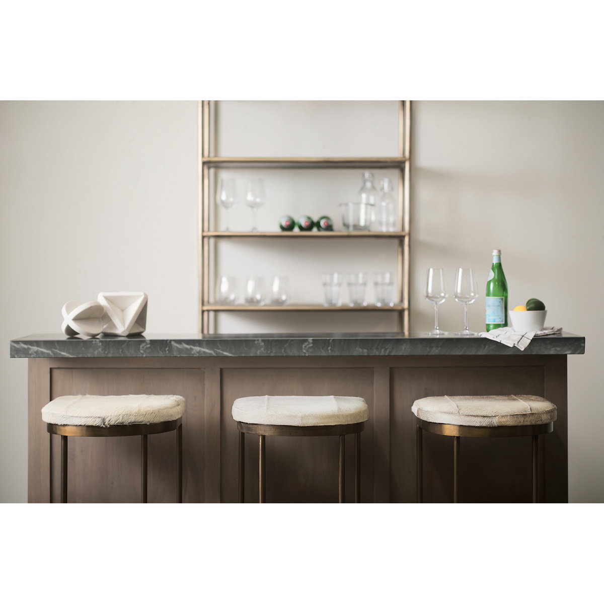 Millie Backless 30in Seat Bar Stool | Gray Hair-On-Hide with Gold Metal, Counter & Bar Stool by Mercana, 16.75" length x 17.75" width x 30" height View 3